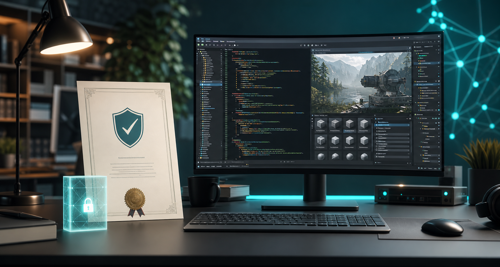 Software license certificate beside a game development workstation
